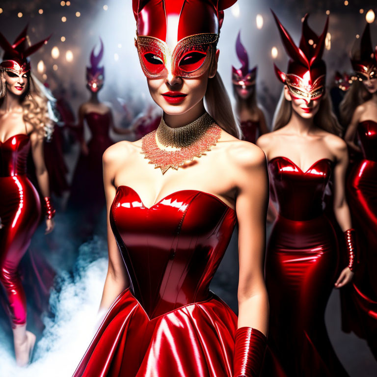 Women in Red Dresses and Masks at a Masquerade Ball in Smoky Setting