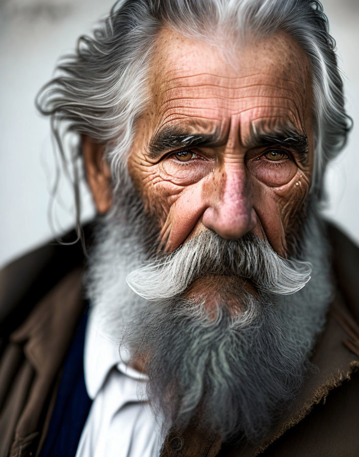 Elderly man with white beard, blue eyes, and grey hair in brown coat.
