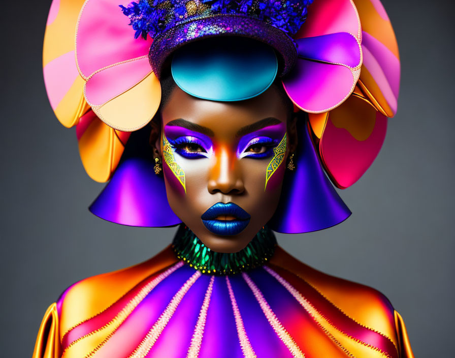 Colorful floral headpiece on woman with dramatic makeup