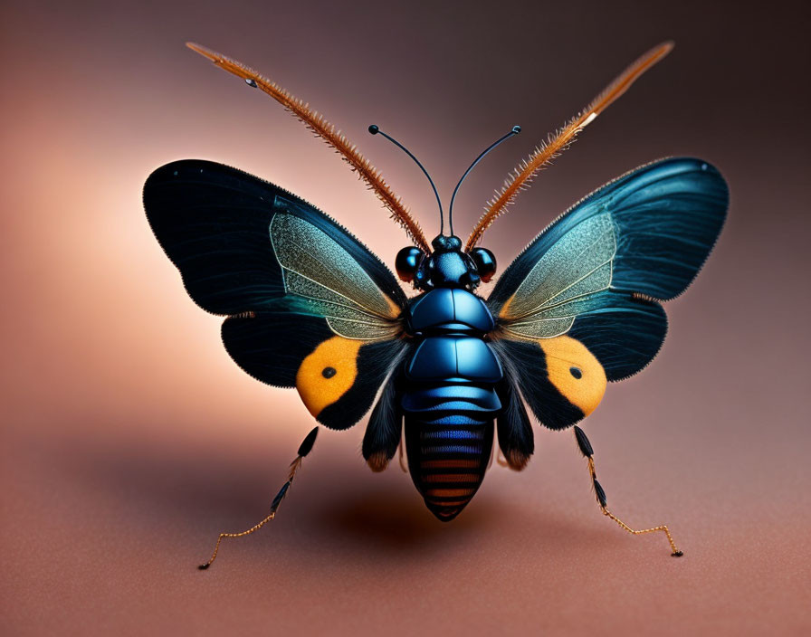 Detailed digital illustration: Vibrant insect with blue and black body, intricate antennae, and orange-sp