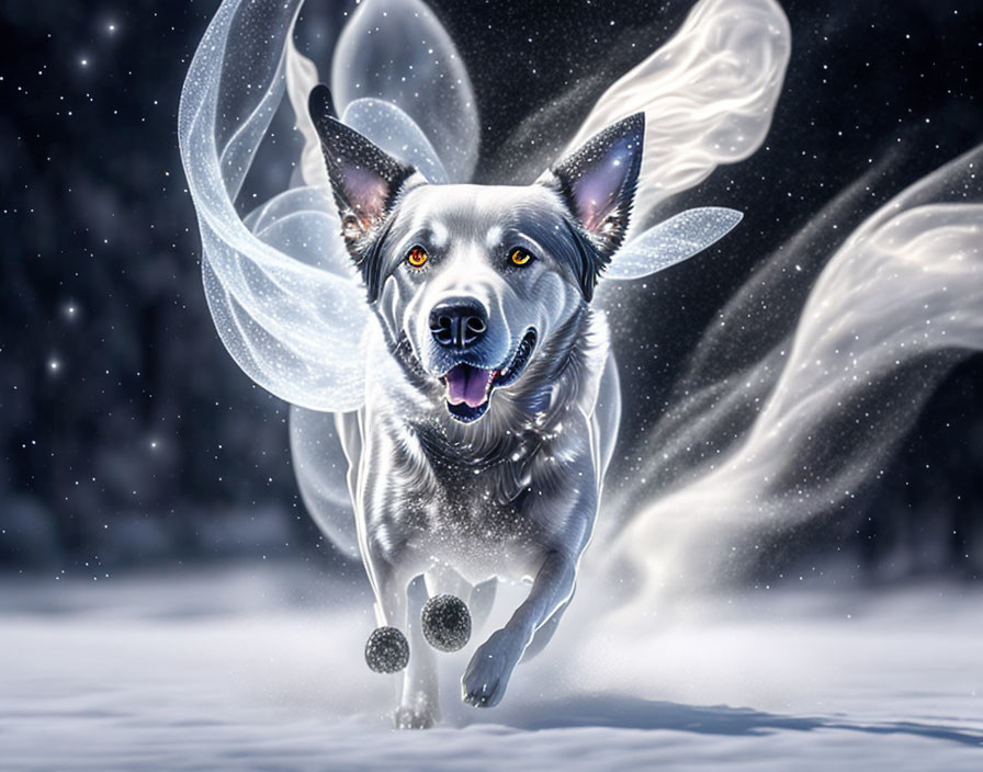 Smiling dog with butterfly wings in snowy fantasy scene