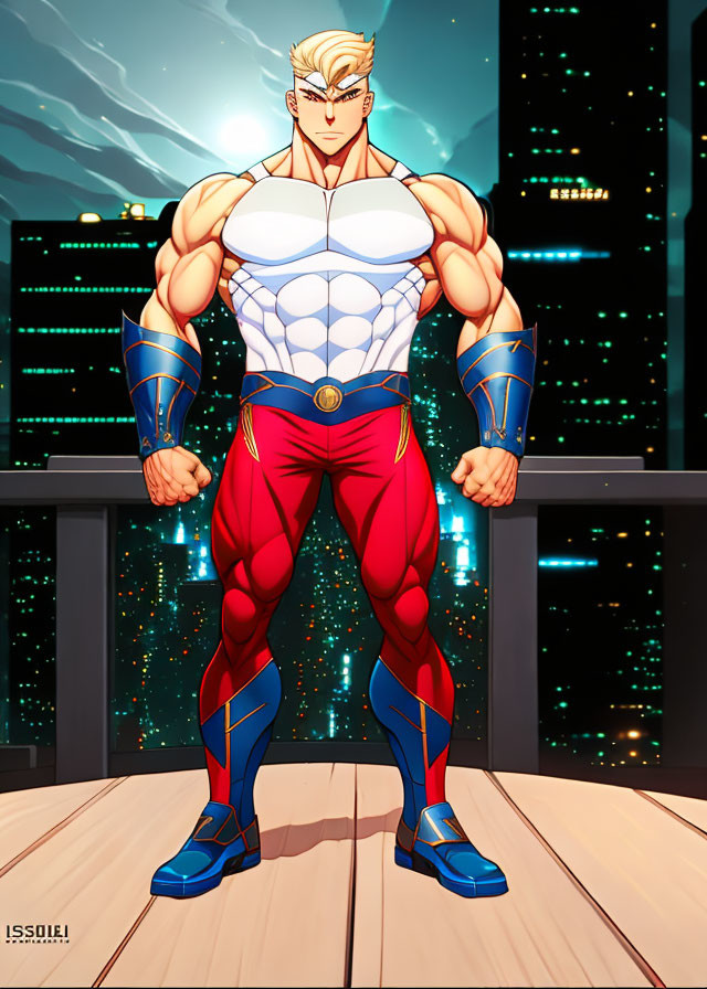 Blond-Haired Superhero in Blue, White, and Red Suit in Night City