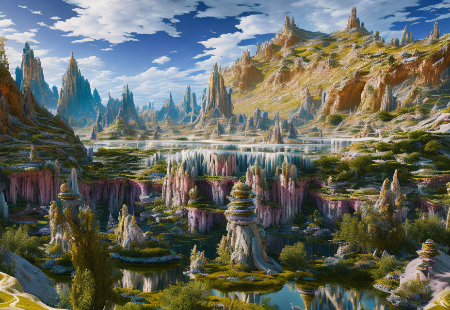 Fantastical landscape with towering spires and waterfalls