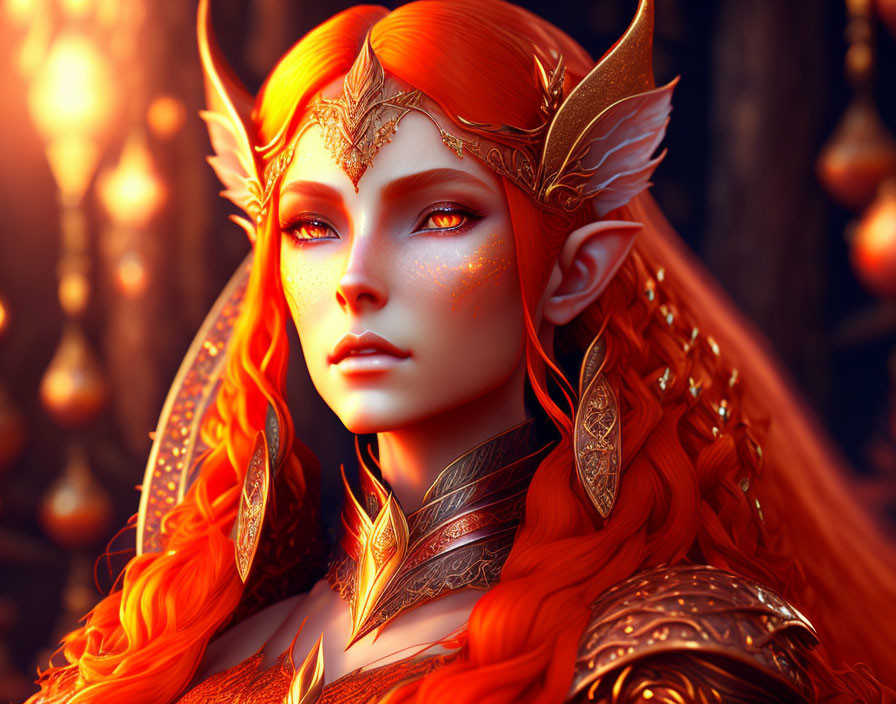 Fantasy elf illustration with orange hair and golden headpiece