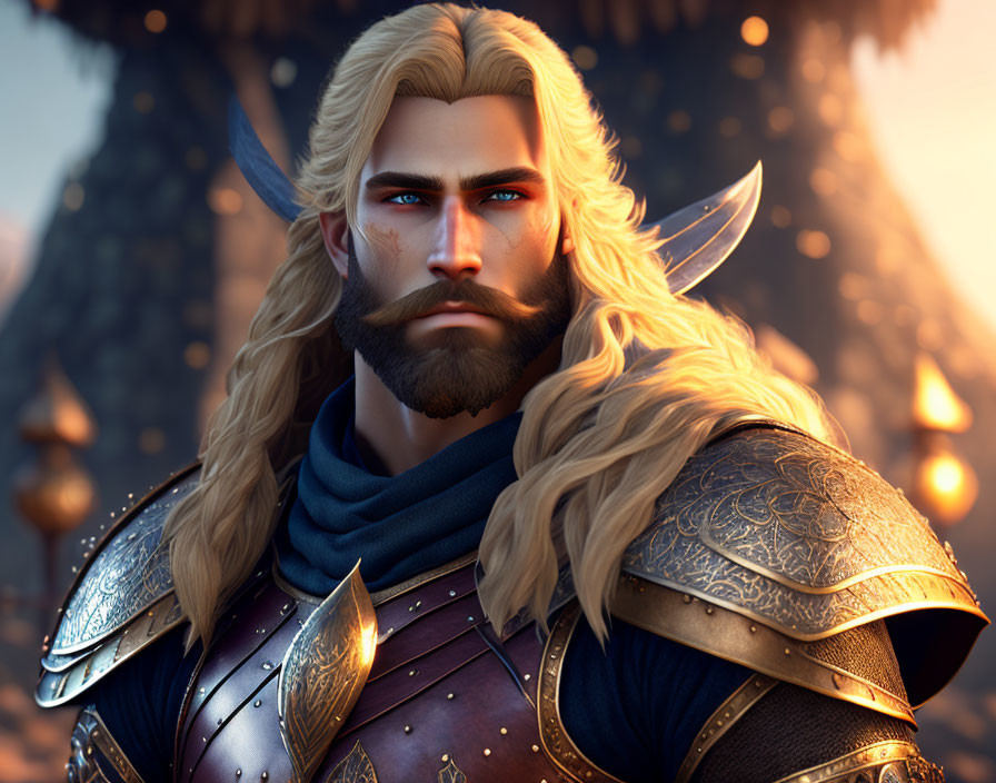 Blond male fantasy character in detailed armor against enchanted background