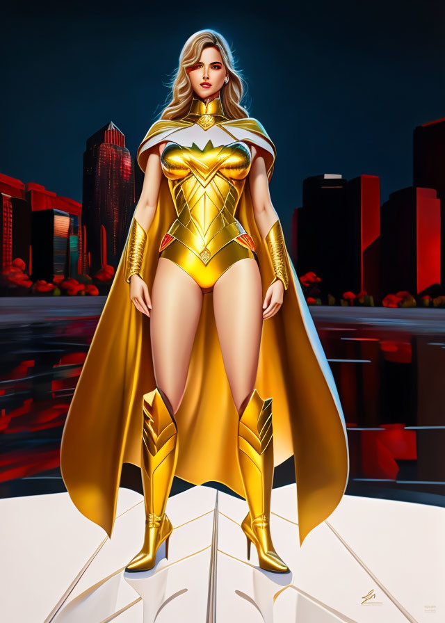 Female superhero with golden tiara, bodice, boots, and cape in cityscape at dusk