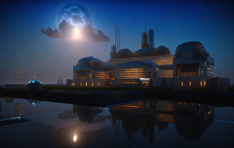 Futuristic cityscape at dusk with illuminated buildings and glowing orb reflected in water