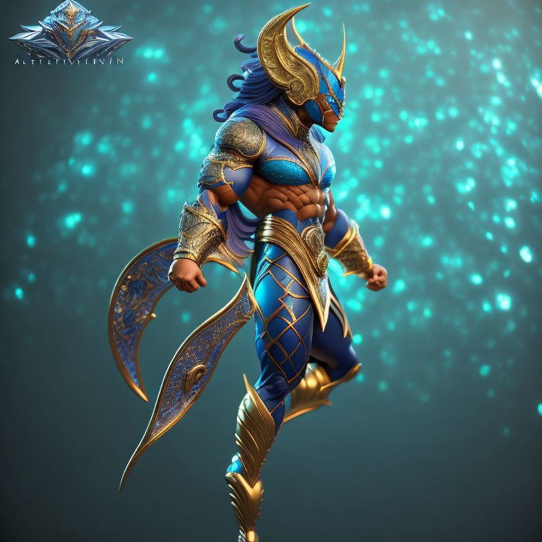 Ornate blue and gold armored warrior with crescent blade on sparkling blue background