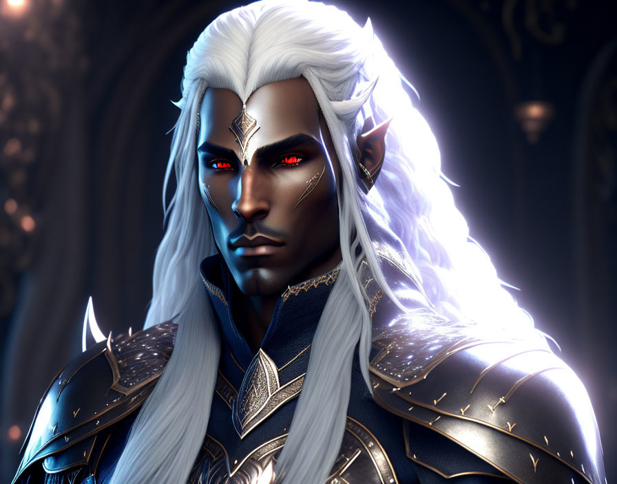 White-haired elf in gold armor with red eyes in gothic setting