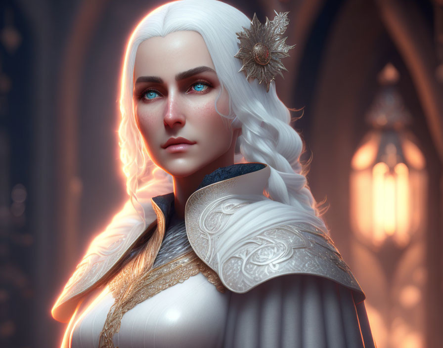 Digital artwork: Female fantasy character with white hair, blue eyes, golden clip, glowing cloak in eth