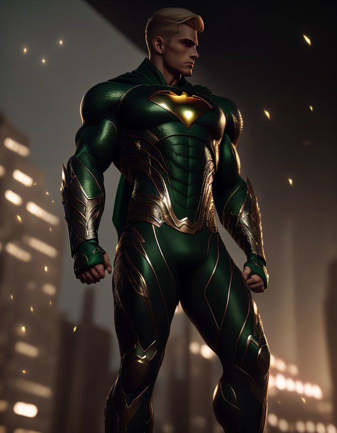 Muscular superhero with glowing suit in urban setting