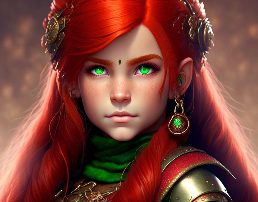 Female character digital portrait: vibrant red hair, emerald green eyes, golden accessories