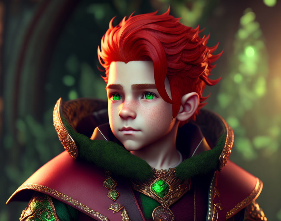 Young boy with red hair in regal cloak, forest backdrop.