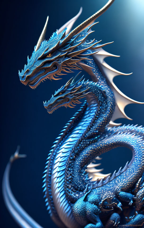 Detailed Two-Headed Blue Dragon Artwork with Dark Background