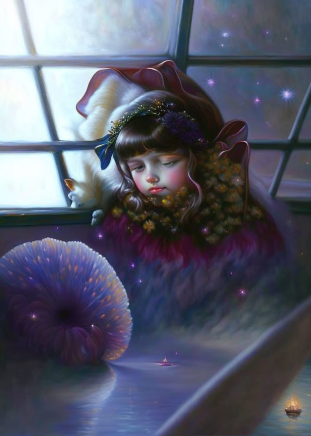 Digital artwork of a girl with a candle by a frosty window