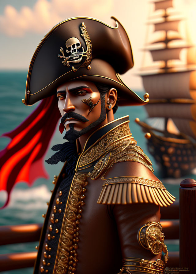 Digital illustration: Pirate captain with black hat, skull emblem, red hair, gold-trimmed jacket