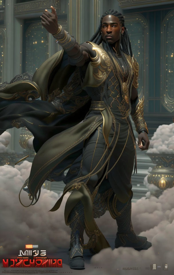 Regal figure in golden-trimmed armor commands attention in grand hall