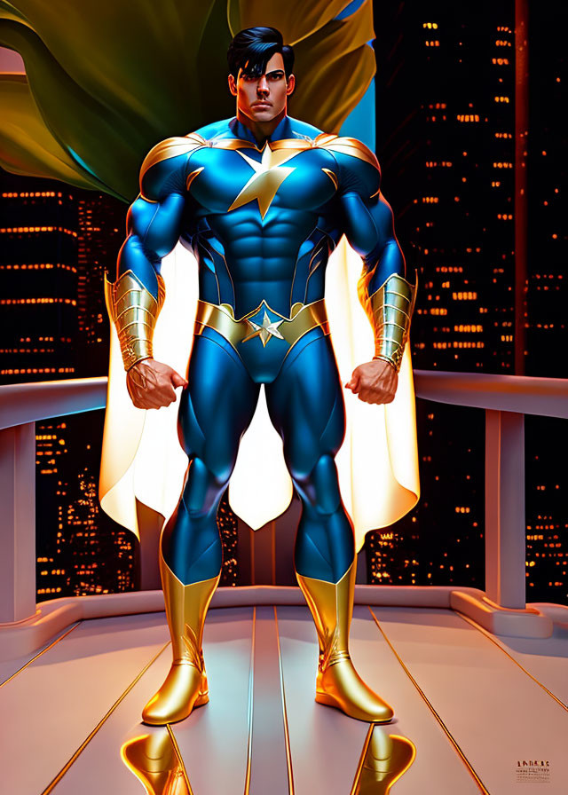 Muscular superhero in blue and yellow suit against city night skyline