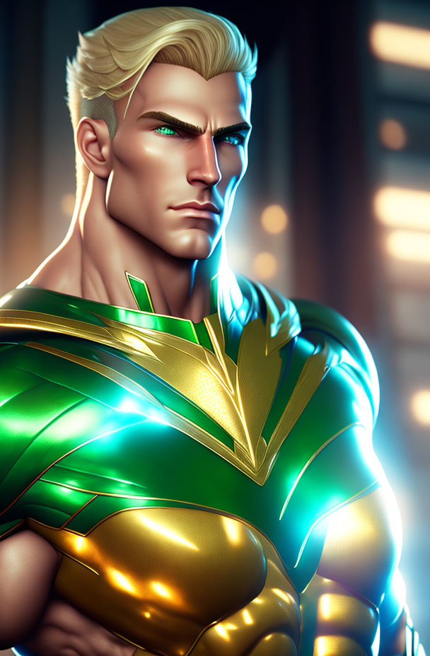 Blonde Muscular Superhero in Green and Gold Suit