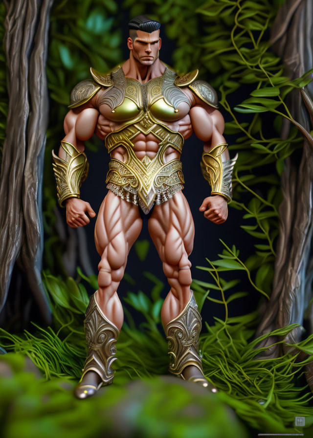 Golden-armored muscular figurine in lush green backdrop