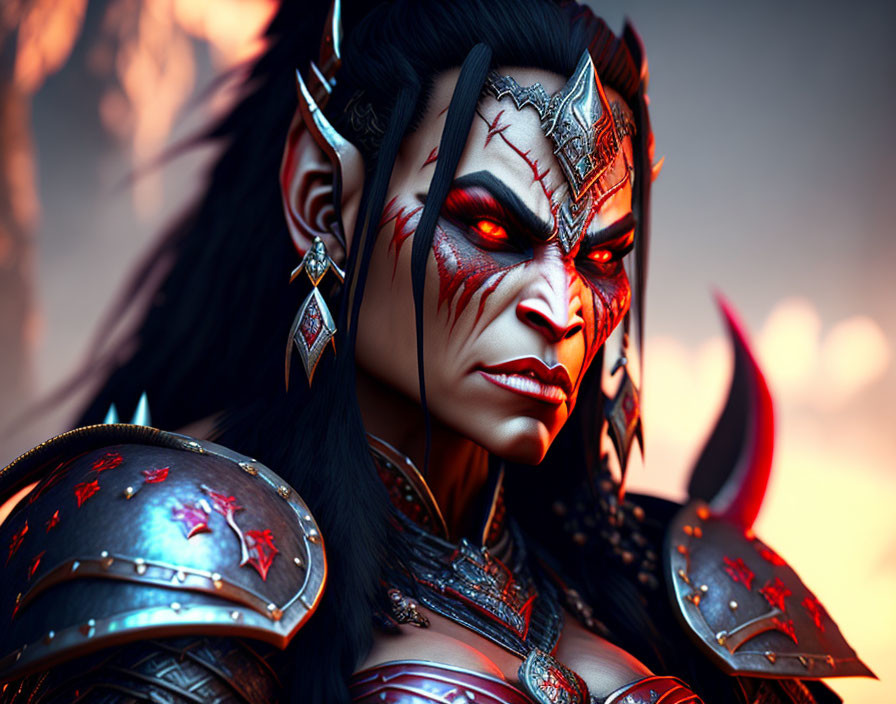 Fantasy warrior with elf-like ears and intricate facial markings in dramatic armor.