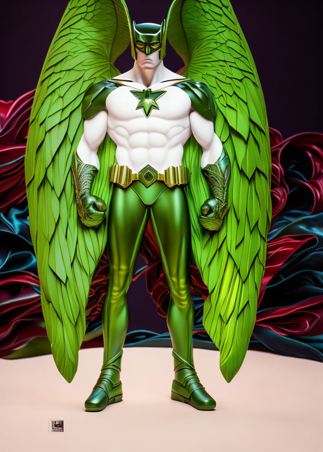 Muscular superhero with green and white costume and feathered wings on gradient backdrop