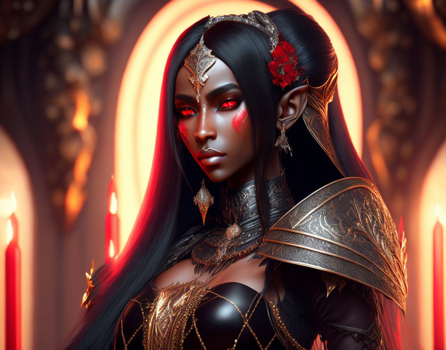Fantasy female character with dark hair and red eyes in gold armor against gothic backdrop