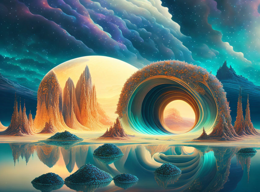 Majestic fantasy landscape with spiral rock formation, reflective water, trees, starry sky, large