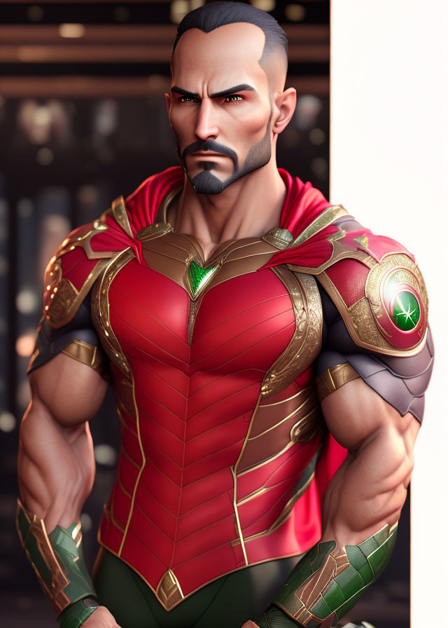 Muscular animated character in red and gold armor with green gem.
