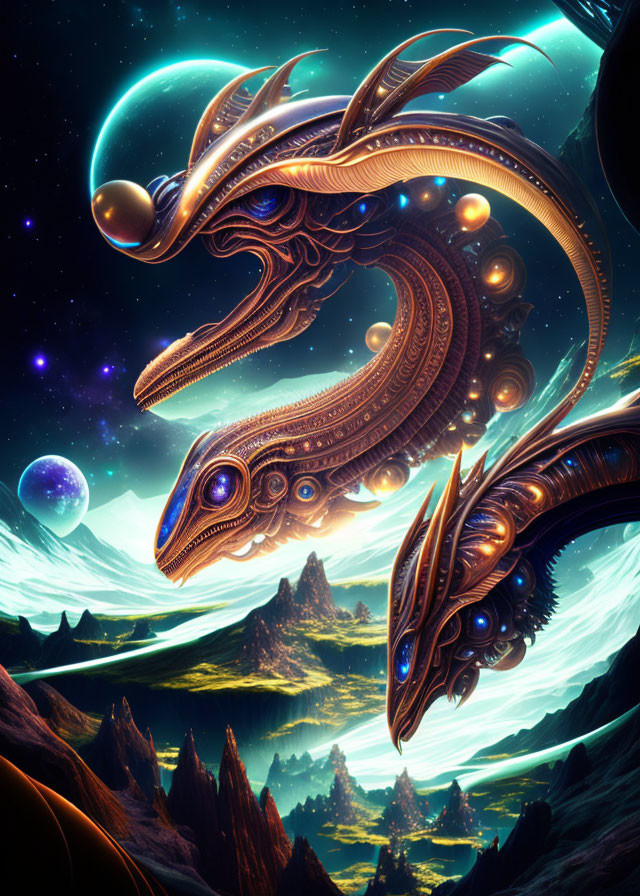 Mythical dragon art: intricate patterns in vibrant alien landscape