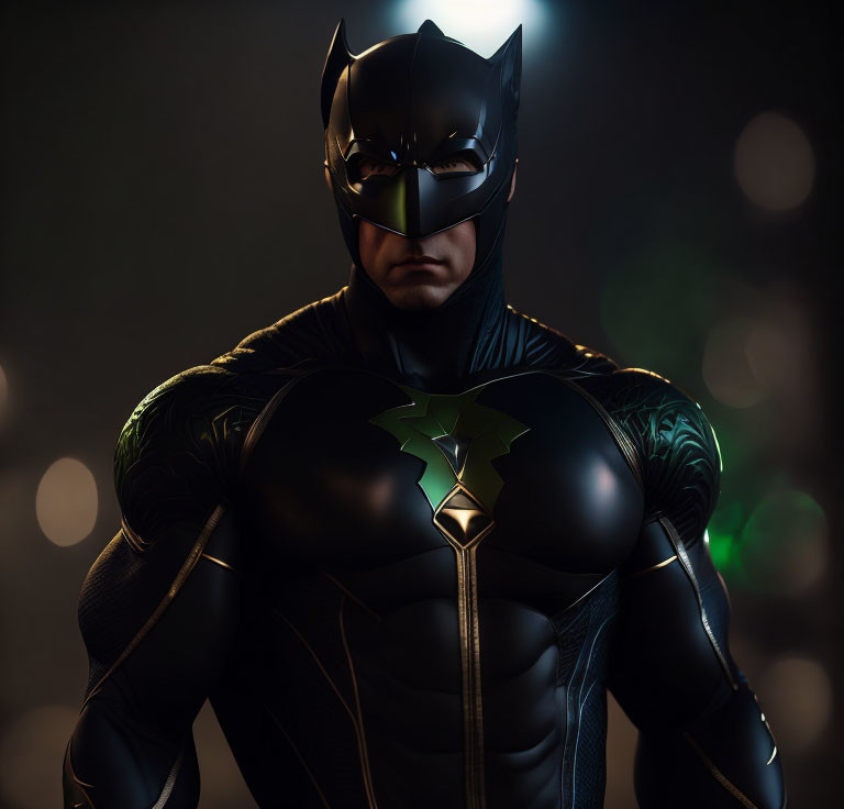 Detailed Batman costume close-up with bokeh light effect