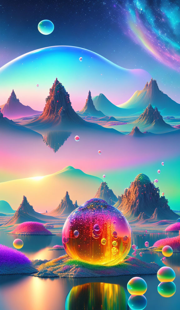 Colorful Mountain Landscape with Floating Bubbles and Glowing Sky