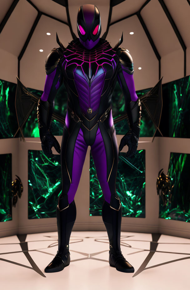 Futuristic superhero character in purple and black suit with spider logo in digital art