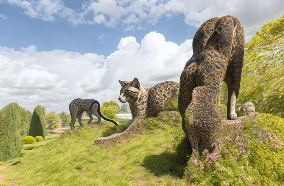 Two large leopard sculptures in lush garden setting against cloudy sky.