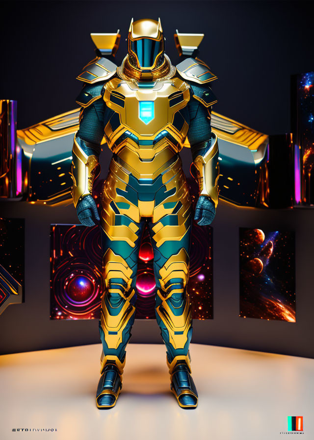 Futuristic armored figure in gold and blue with neon panels and celestial backdrop
