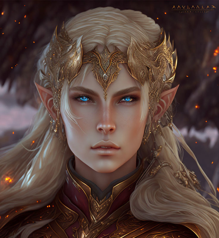 Elven character portrait with golden hair and crown, set in dark forest with orange glimmers