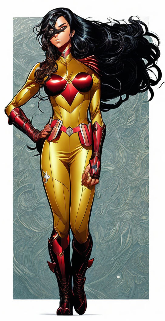 Female superhero with long black hair in gold and red suit, star emblem, gauntlets, high