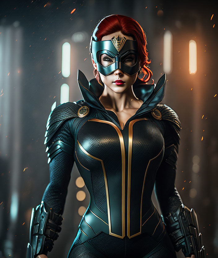 Superhero woman in helmet with red visor and gold accents in dramatic setting