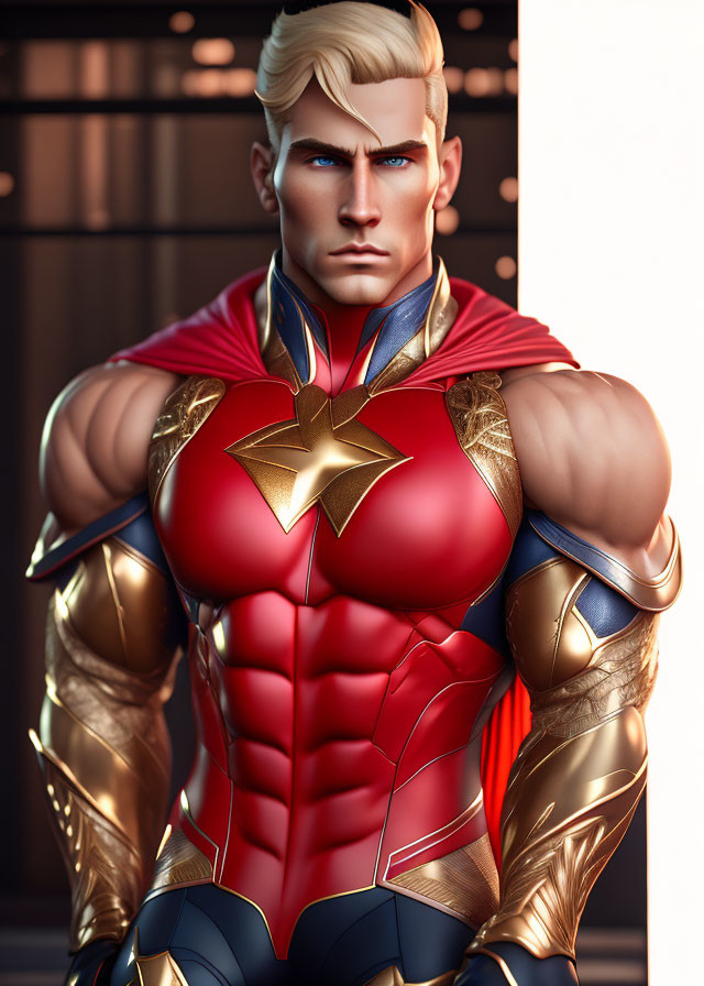 Muscular superhero in red and gold costume with star emblem and cape.