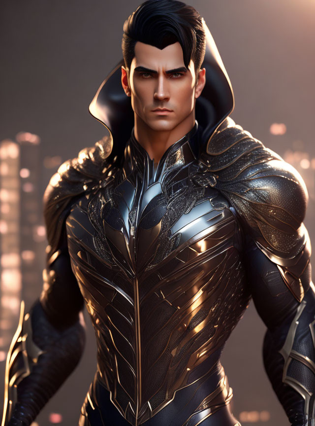 Stylized male figure in futuristic armor against cityscape at dusk