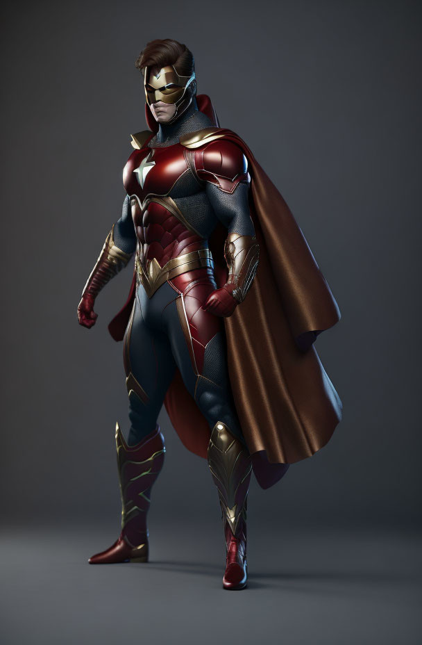 Superhero 3D Rendering in Red and Gold Costume