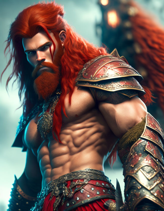 Red-haired muscular warrior in ornate armor and kilt.