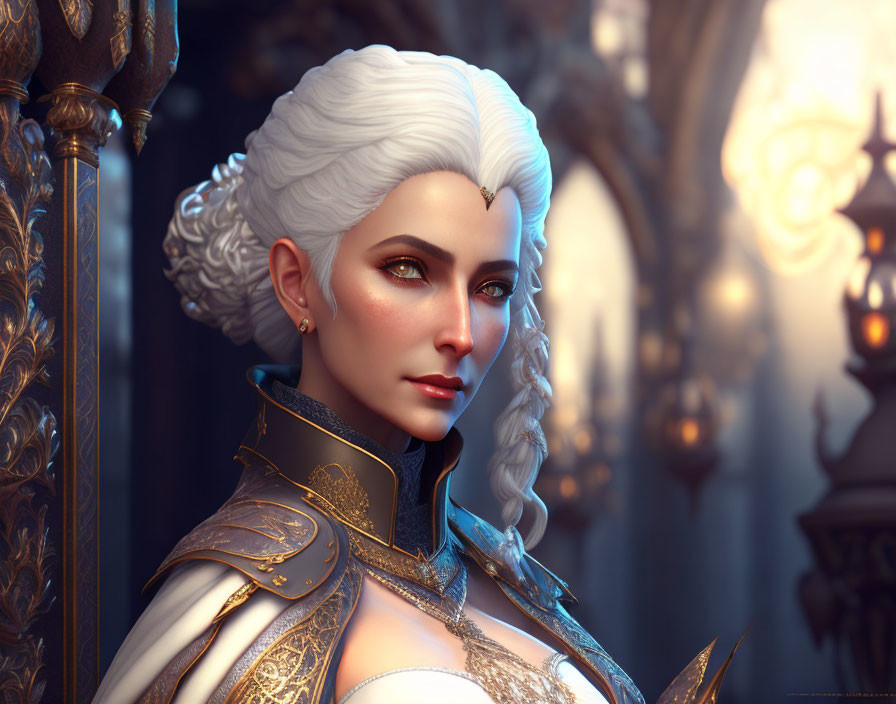 Regal woman with white hair in gold-trimmed attire in ornate interior