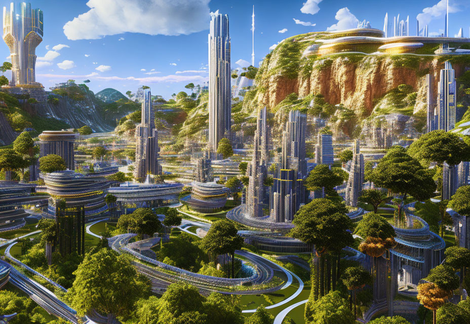 Futuristic cityscape with greenery, waterfalls, terraced landscapes, and skyscrapers