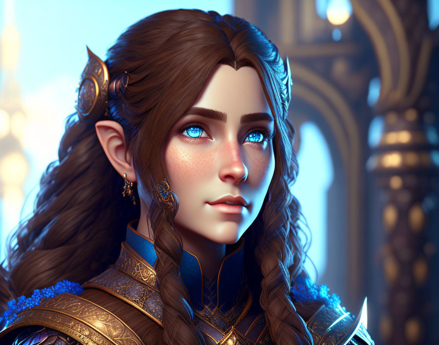 Female elf digital artwork: pointed ears, blue eyes, brown hair, gold accessories, ornate backdrop