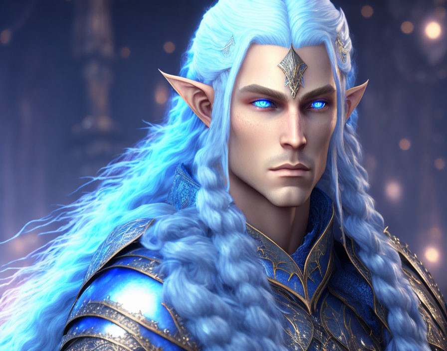 Fantasy elf with blue hair and crown in mystical setting