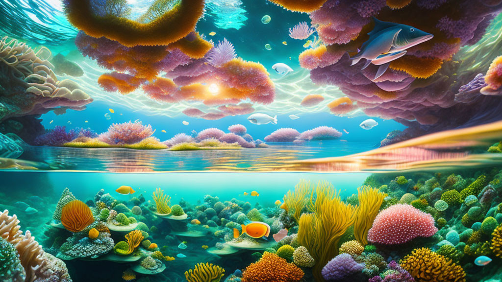 Colorful Coral Reef and Fish in Split Underwater Scene