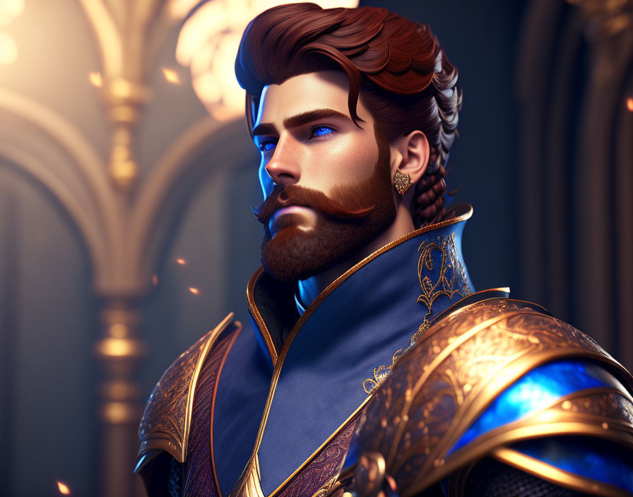 Animated knight with gold-trimmed armor and blue cape in regal hall