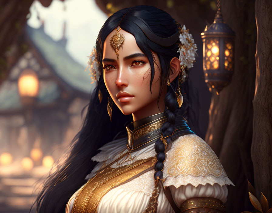 Fantasy character with dark hair in white and gold attire in lantern-lit forest