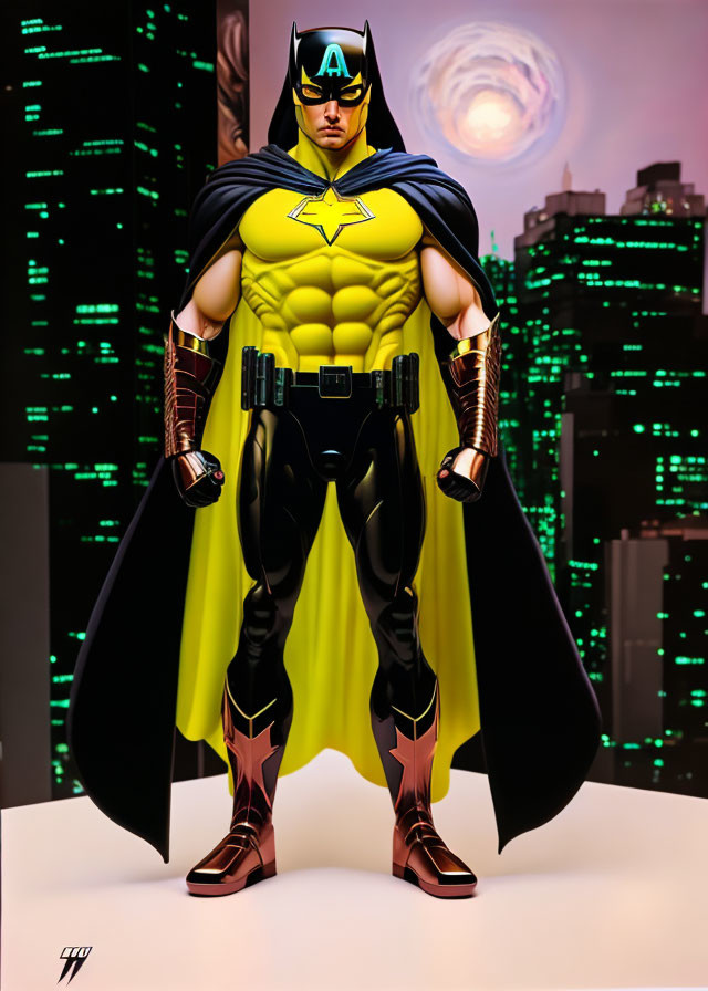 Confident superhero in black and yellow suit against cityscape backdrop